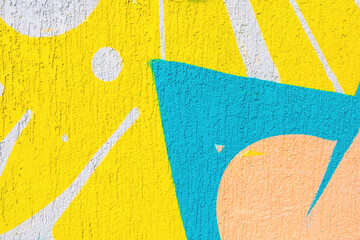 Abstract geometric graffiti art with yellow, blue, peach colors. Urban 80s, 90s style, street texture, bold shapes. Posters, social media, banners, creative visuals, digital art.