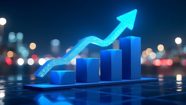  Blue 3d bar graph with upward trending arrow symbolizing financial growth and positive business performance on a city lights background