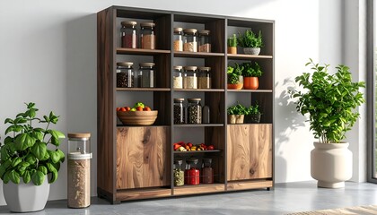 A wooden shelf unit with jars of spices, herbs, and plants, with natural light