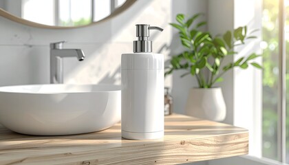 Modern bathroom scene features a soap dispenser, sink, mirror, and a potted plant