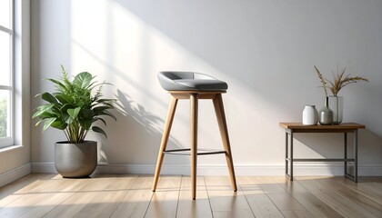 Bright interior scene with a modern stool, houseplant, table, and window light
