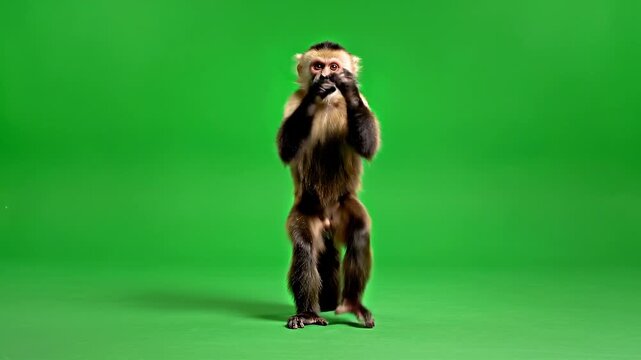 A monkey standing on its hind legs, covering its face with its hands, set against a green screen background for meme or dancing celebration use. Perfect for social media posts, memes, and