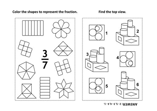 Two visual math puzzles and coloring pages. Color the shapes to represent the fraction. Find the top view. Black and white. Answers included.
