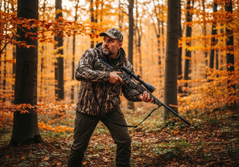 Naklejka premium A dedicated hunter carefully maneuvers through the autumn forest, rifle in hand, focused on tracking game during hunting season
