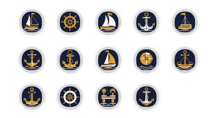 Collection of nautical emblems featuring anchors, sailboats, and steering wheels on a white background. © Budi