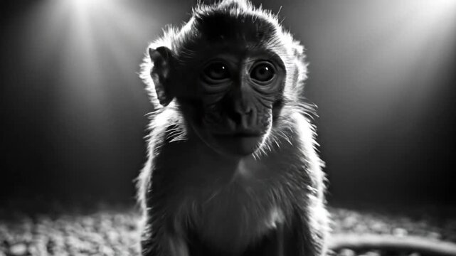 Baby monkey seated on gravel under spotlight in dramatic black and white image