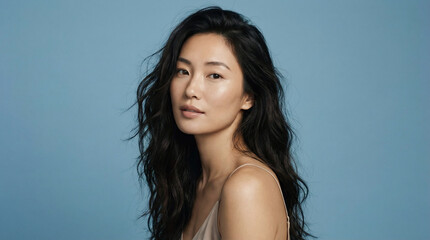 Young woman poses against a blue background with long dark hair, showing a soft expression and relaxed posture