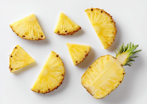 Sliced pineapple, some whole, arranged on white surface. Top down view
