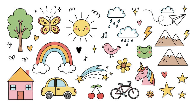 A whimsical illustration of a sunny day with a tree, rainbow, and various cartoon objects scattered across a white background in a children's drawing style inspired by dfghtred.