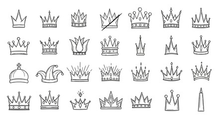 A collection of various crowns and tiaras displayed in an illustration. © Hussnain