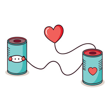 Two tin cans connected by a string with a heart floating between