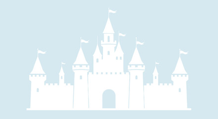 Fototapeta premium Large white silhouette of a fairy tale castle with several towers and flags set against a soft pastel blue background in a flat design style.
