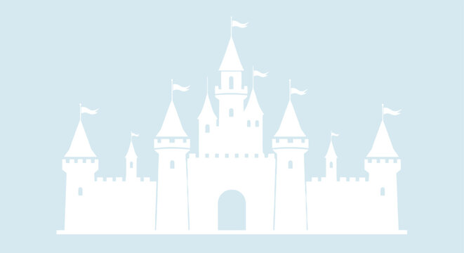 Large white silhouette of a fairy tale castle with several towers and flags set against a soft pastel blue background in a flat design style.