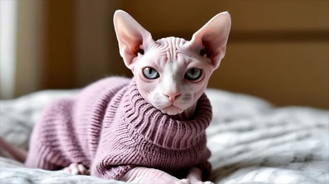 Adorable sphinx cat in a pink sweater sitting on a soft blanket, looking directly at the camera, a cute pet concept