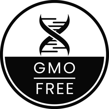 Black and white circular gmo free label icon with a dna helix symbol for product packaging