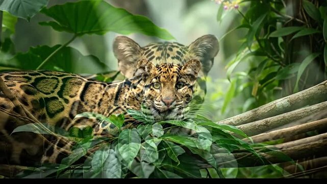 A close-up view of a clouded leopard's face, nestled amongst lush green foliage in a dense jungle setting