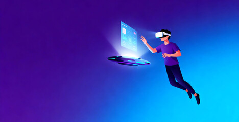 Obraz premium Man using VR headset with floating interface