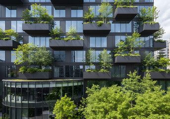 The modern facade of a sustainable urban building with lush green balcony trees.
