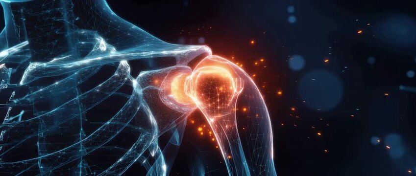 Futuristic digital 3D glowing holographic human shoulder joint anatomy showing pain and inflammation, futuristic plexus medical video background.