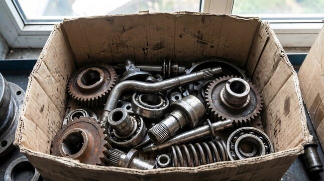 Close-up top view of a dirty cardboard box filled with various used, rusty, and greasy mechanical metal parts including gears, bearings, springs, and shafts