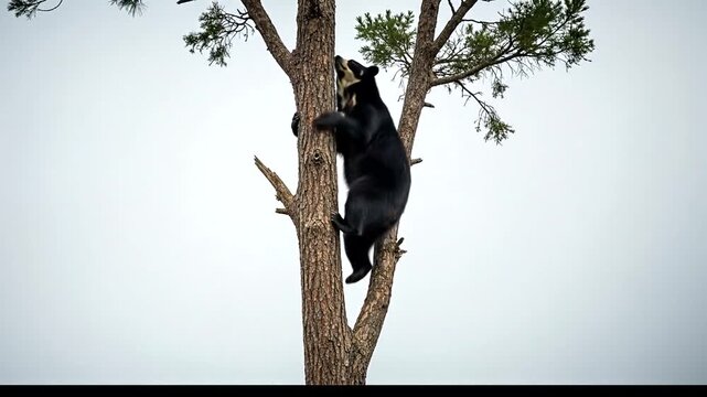 A powerful black bear expertly navigates the rugged bark of a tall tree, demonstrating its inherent climbing prowess and adaptability within its natural outdoor environment