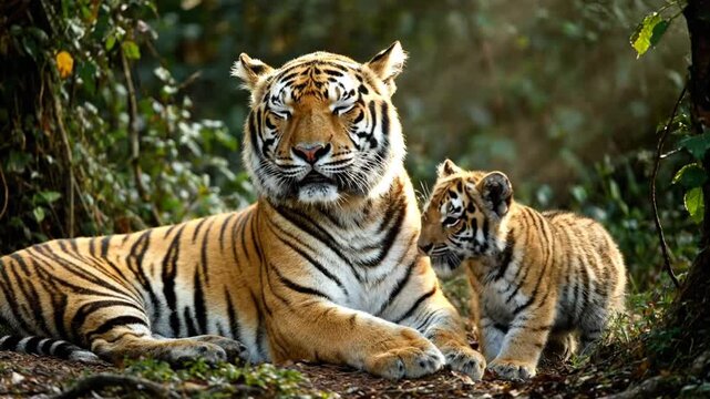 wild mother tiger resting with playful cub