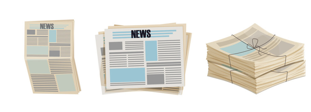 Newspaper pile, stack of magazines. News representing newspapers folded, news publications. Headline banner on the front page represents journalism, news, and print media.