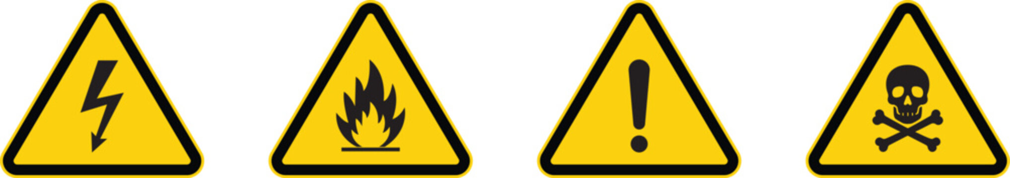 Caution signs set. Warning triangular caution shape signs with various danger symbols. Fire warning, hazard danger, high voltage icon vector illustration.