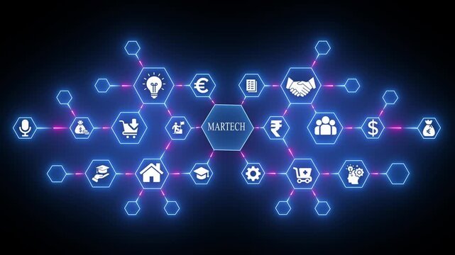 Martech Concept with Glowing Hexagonal Representing Various Business and Technology on Dark Background