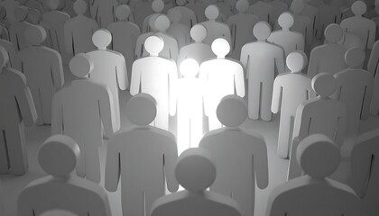 A group of people with two figures illuminated in the center.