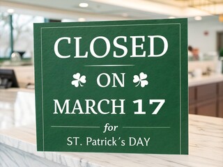 Obraz premium Closed sign for celebration, holiday, business, irish, shamrock, st patricks day 2026 latest background