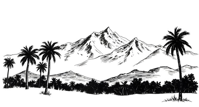 palmtree, landscape, mountain, silhouette, drawing, background, tropical, nature, island, sunset, scenery, outdoor, travel, summer, exotic, paradise, forest, hills, valley, sky, twilight, dusk, minima