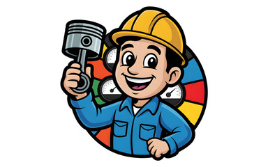 Fototapeta premium Cheerful Automotive Engineer Cartoon Character Holding Silver Engine Piston in Bold Sticker Style with Colorful Car Wheel and Speedometer Background, Die-Cut Vector Illustration