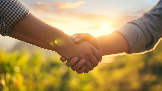 A warm handshake between two people against a golden sunset backdrop