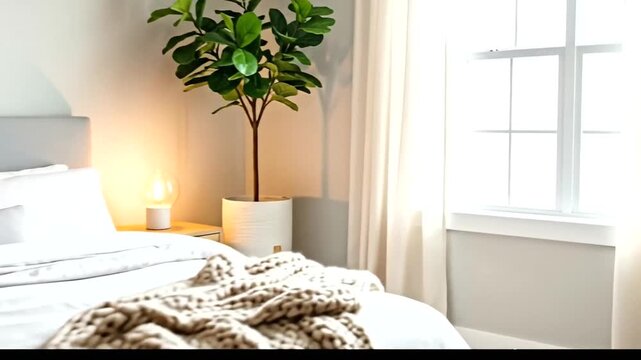 Cozy bedroom interior with a ficus tree next to the window and a soft throw blanket on the bed