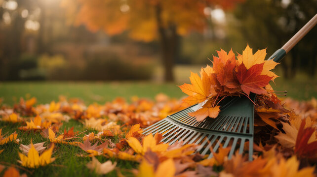 Autumn leaves are raked into a pile with a garden tool