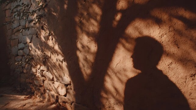 Silhouette of a person cast on a textured wall with d d tree shadows during golden hour