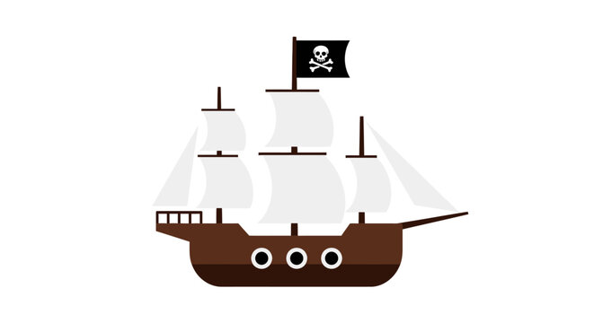 Cartoon pirate ship with skull flag isolated on white background