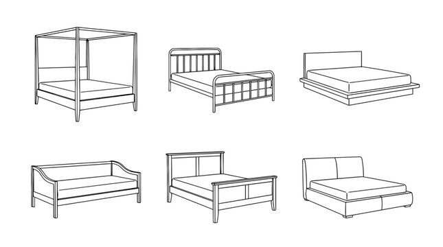 bed frames , 6 black delicate line drawings vector set collection , white background , PNG and SVG	