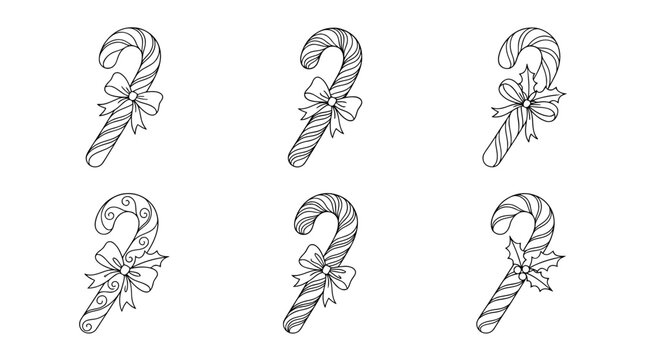 candy canes , 6 black delicate line drawings vector set collection , white background , PNG and SVG	