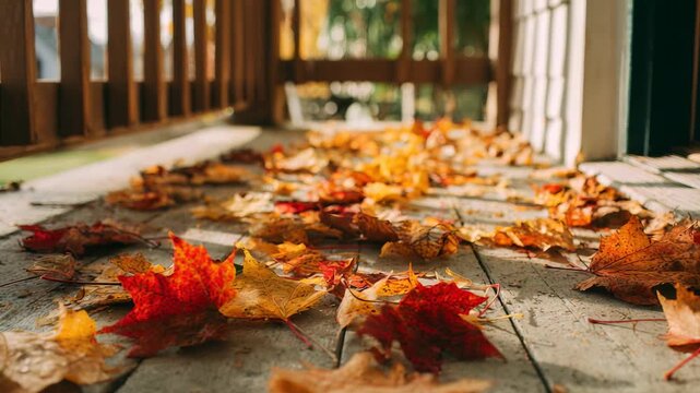 Colorful autumn leaves scattered across a wooden porch create a warm seasonal atmosphere. Sunlight filters through the railing, highlighting the vibrant fall foliage