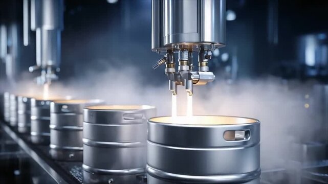 Automated filling process of metal beer kegs on a conveyor belt in a brewery plant. Industrial production of beverage and alcohol.