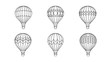 hot air balloons , 6 black delicate line drawings vector set collection , white background , PNG and SVG	