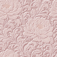 3D Seamless pattern with embossed dusty rose peonies and baroque scrolls. Elegant emboss textured endless background with realistic plaster relief effect. Luxury floral wall decor vector design.