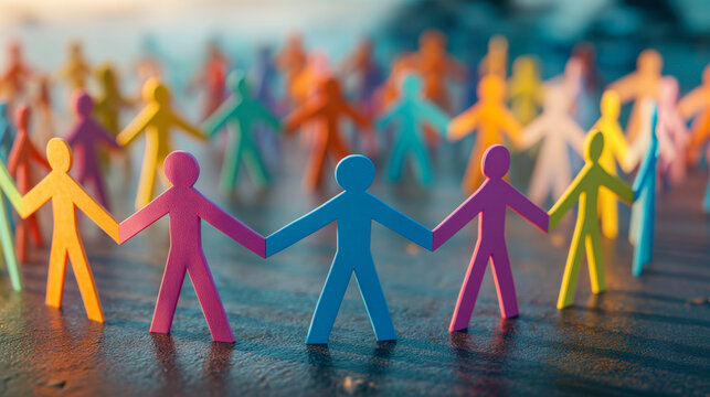 Diverse colorful paper cutout figures holding hands in a circle symbolizing unity cooperation and community support on a textured surface background