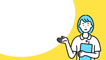 案内する若い女性看護師と吹き出し　コピースペース