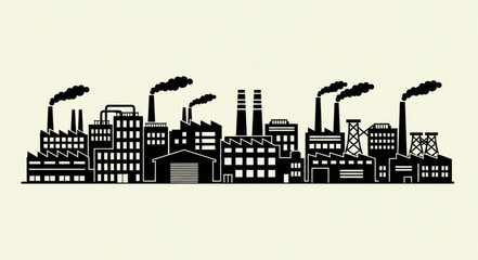 Obraz premium Industrial cityscape silhouette depicting factories with smoke stacks and buildings.