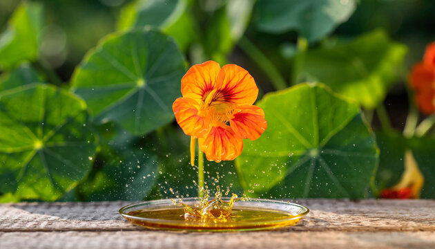 Single Nasturtium Flower in Golden Liquid on Wooden Surface.