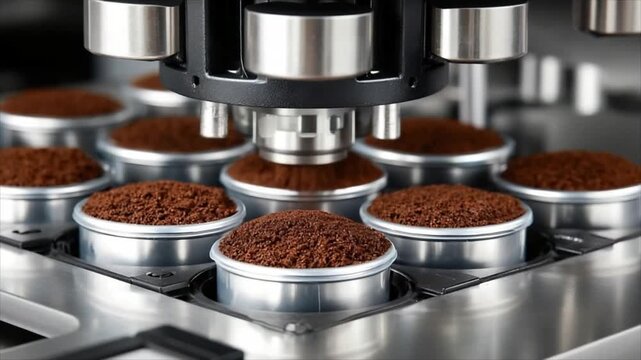 Coffee machine tamping freshly ground coffee powder in several stainless steel pods for espresso preparation. Automated brewing process for hot beverage.