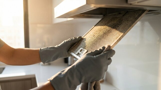Person wearing gloves removing dirty grease filter from kitchen extractor hood.
